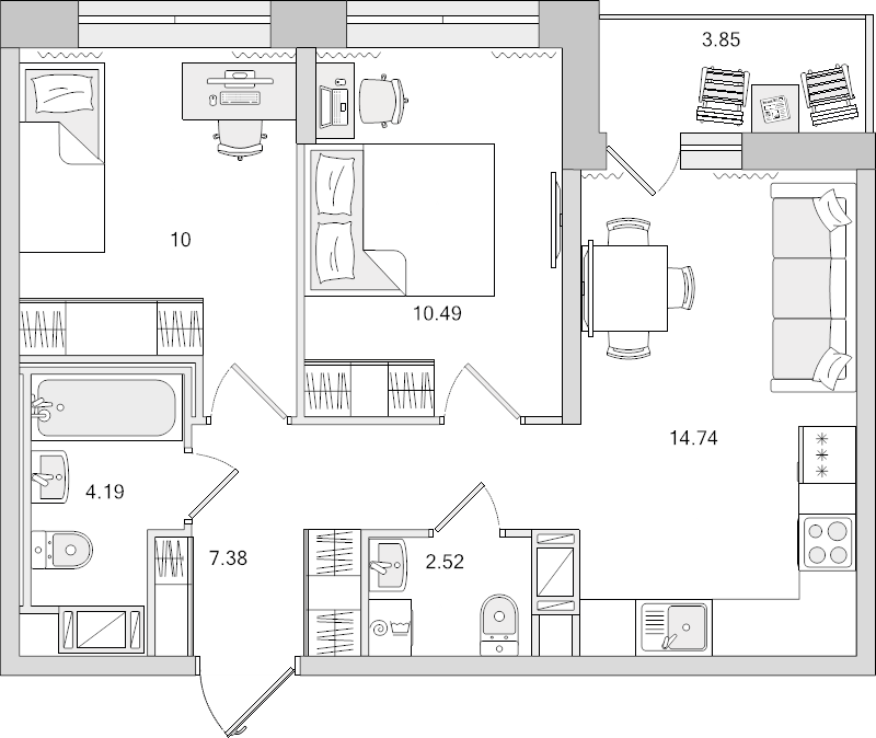 2-комнатная квартира, 44.65 м² - планировка, фото №1