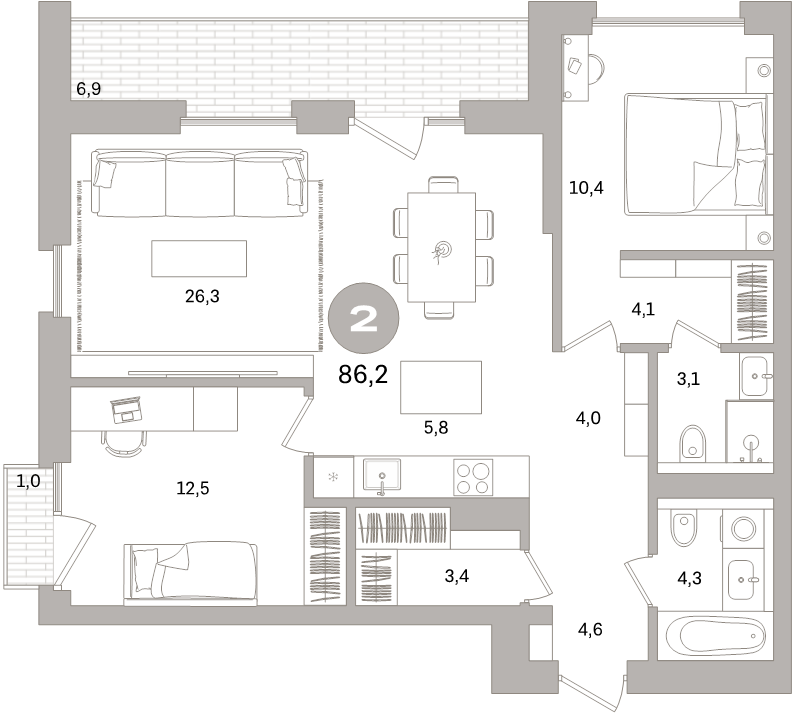 2-комнатная квартира, 86.2 м² в ЖК "Северный ветер" - планировка, фото №1