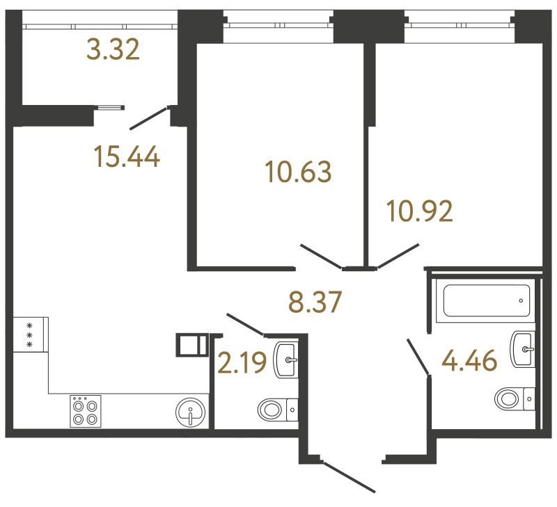 3-комнатная (Евро) квартира, 52.01 м² - планировка, фото №1