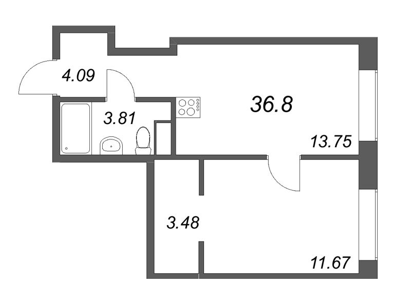 1-комнатная квартира, 36.8 м² в ЖК "17/33 Петровский остров" - планировка, фото №1