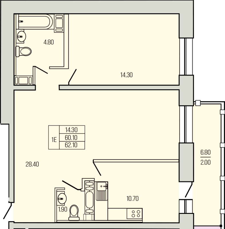 2-комнатная квартира, 63.9 м² в ЖК "Экос" - планировка, фото №1