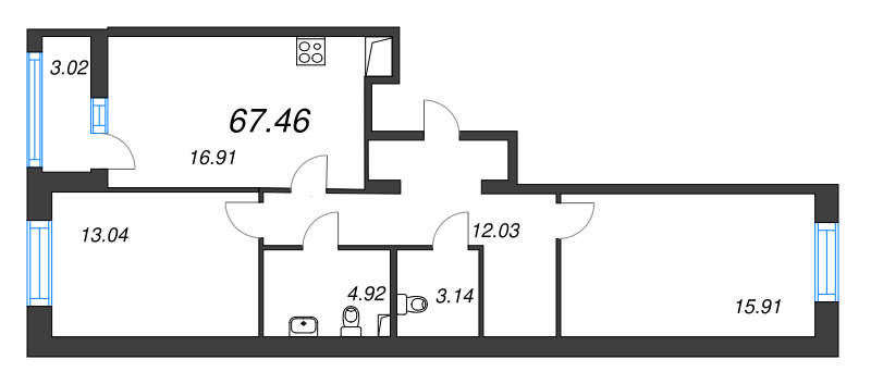 3-комнатная (Евро) квартира, 67.46 м² - планировка, фото №1