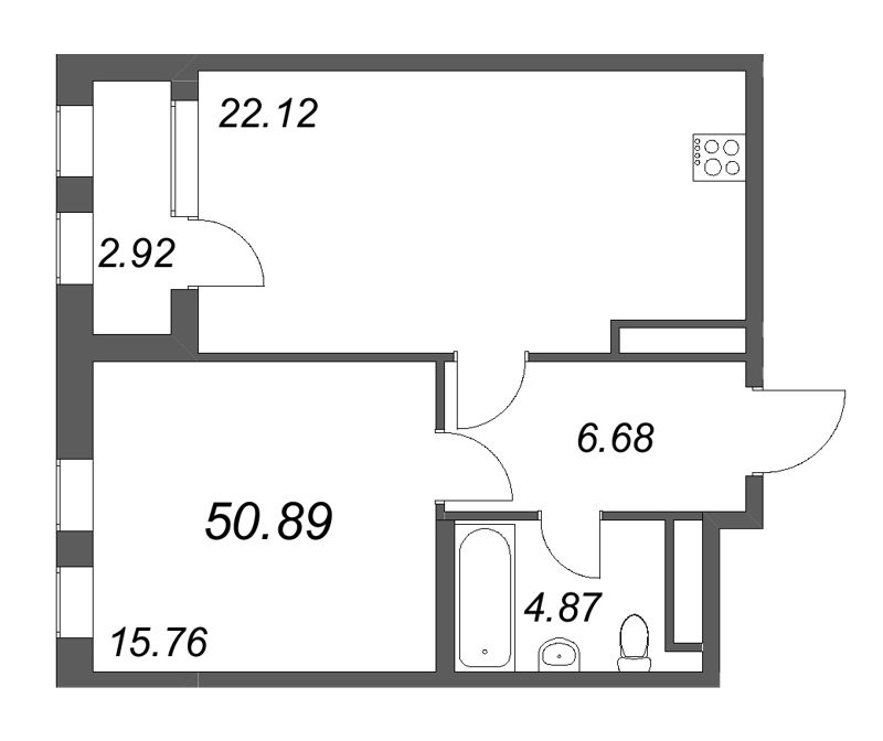 2-комнатная (Евро) квартира, 50.89 м² - планировка, фото №1