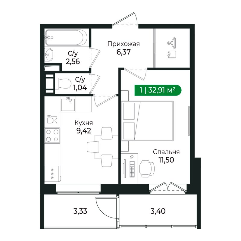 1-комнатная квартира, 30.7 м² в ЖК "Сертолово Парк" - планировка, фото №1