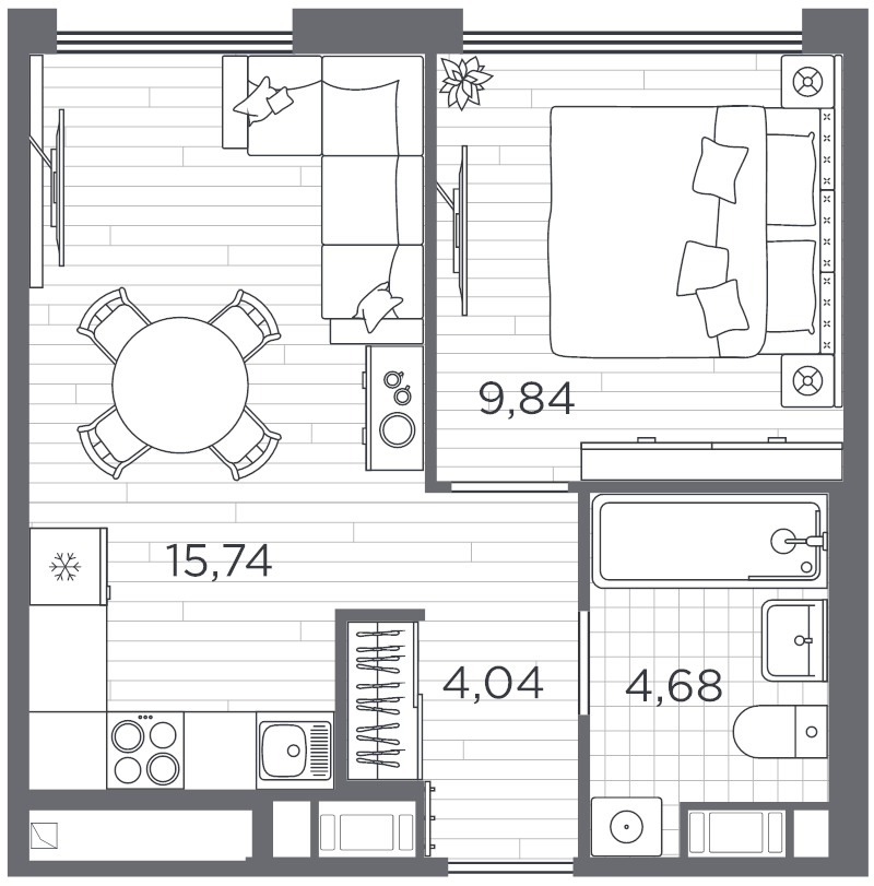 2-комнатная (Евро) квартира, 34.3 м² в ЖК "PLUS Пулковский" - планировка, фото №1