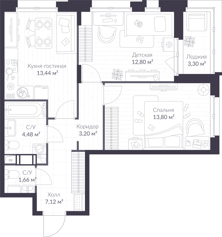 2-комнатная квартира, 58.15 м² в ЖК "VEREN NORT сертолово" - планировка, фото №1