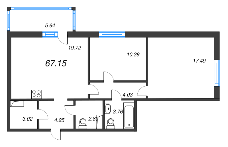 3-комнатная (Евро) квартира, 67.8 м² в ЖК "Jaanila Драйв" - планировка, фото №1