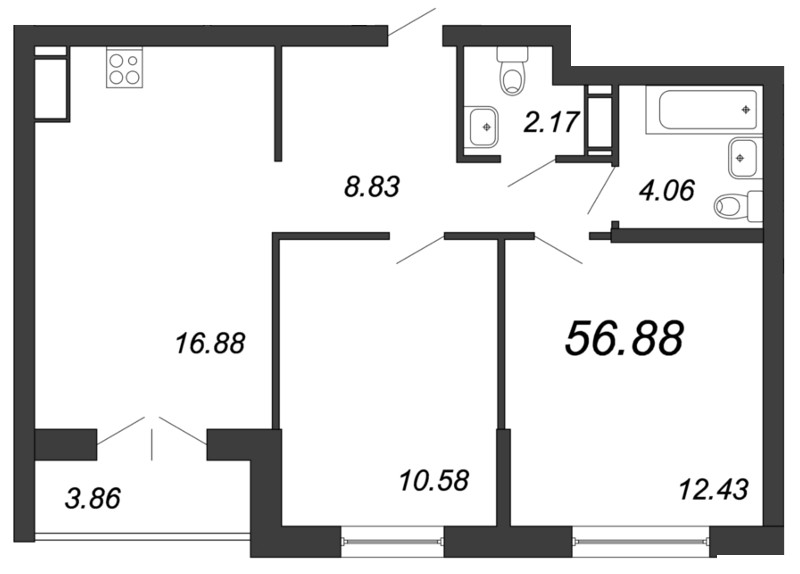 3-комнатная (Евро) квартира, 57.1 м² - планировка, фото №1