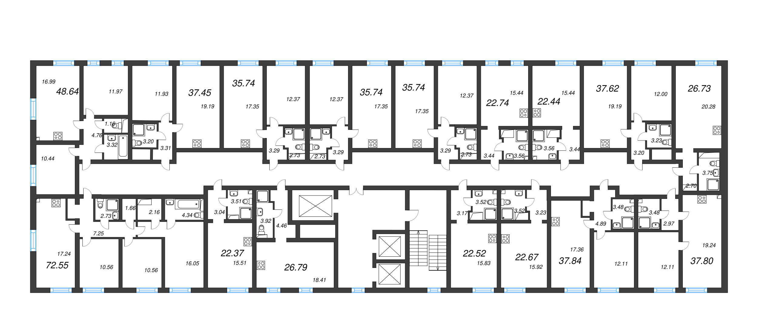 4-комнатная (Евро) квартира, 72.55 м² в ЖК "Морская миля" - планировка этажа