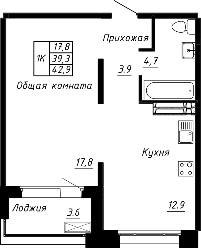 1-комнатная квартира, 42.9 м² в ЖК "Сибирь" - планировка, фото №1