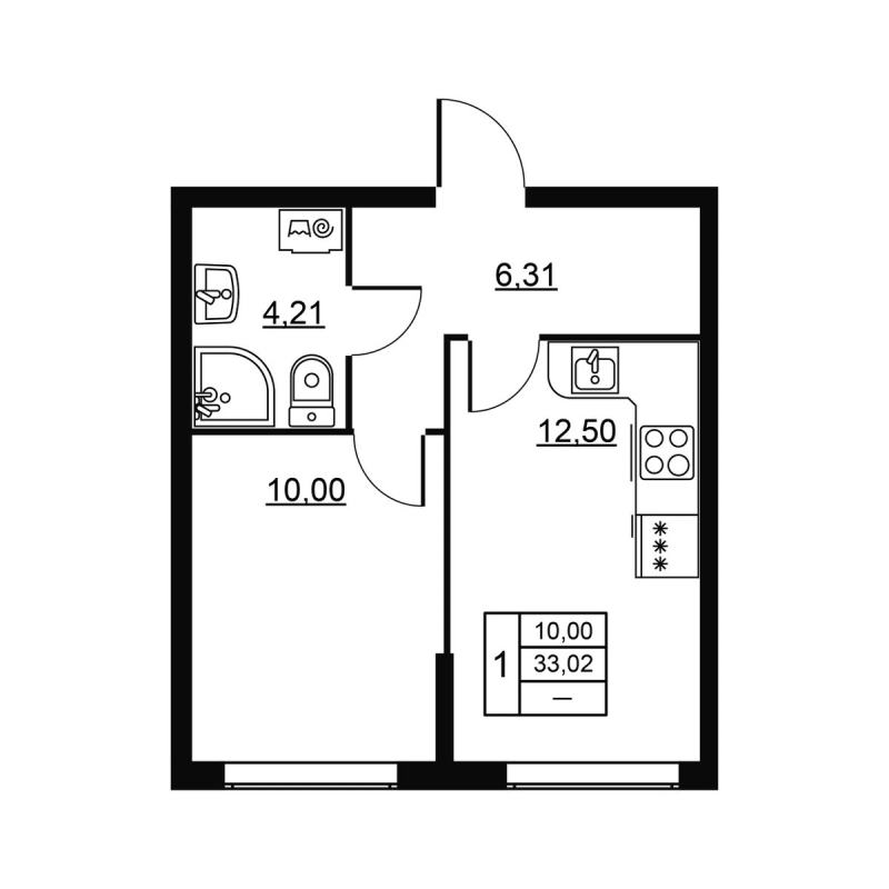 1-комнатная квартира, 33.02 м² в ЖК "Высота. Новодевяткино" - планировка, фото №1