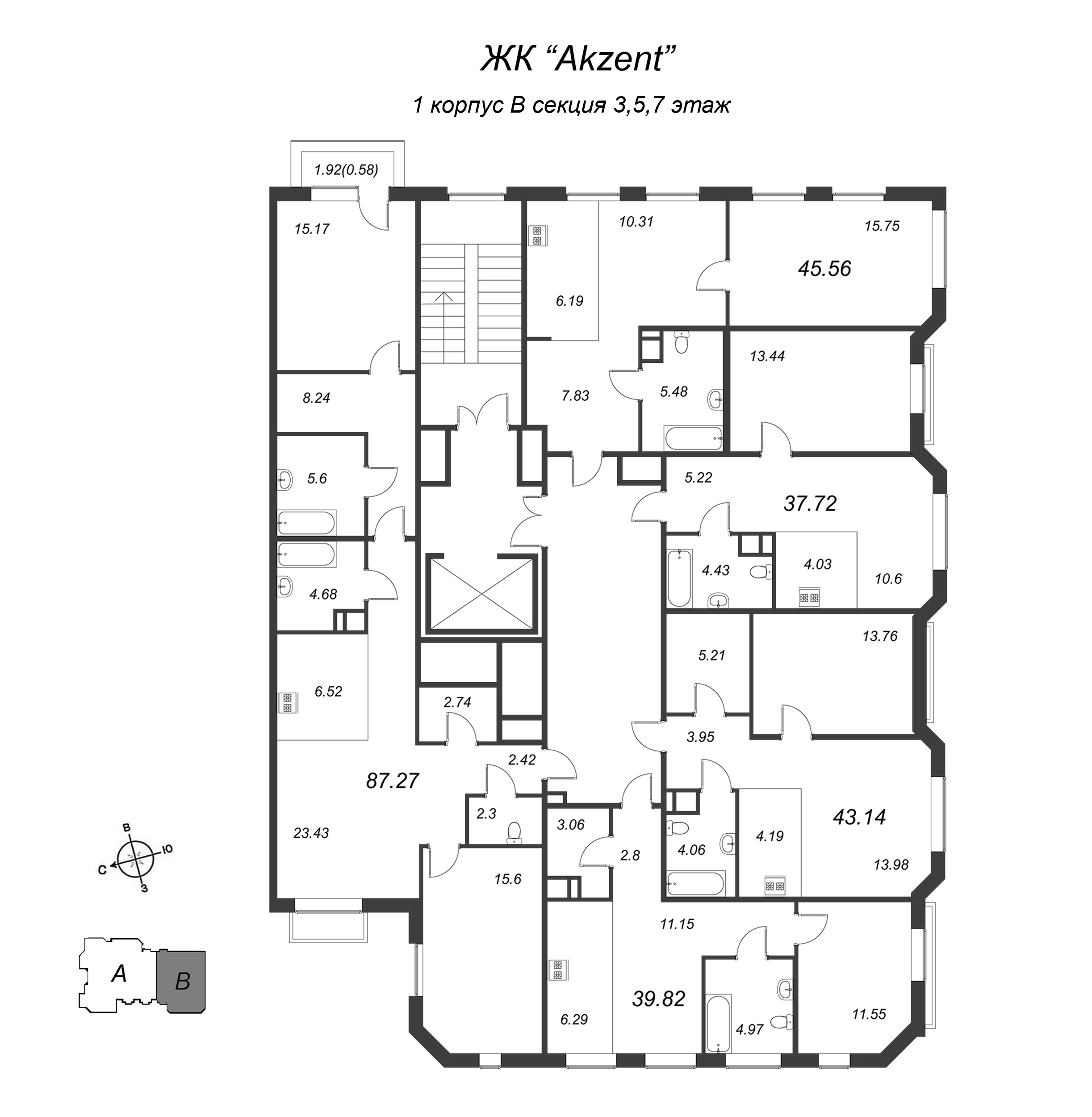 2-комнатная (Евро) квартира, 39.82 м² - планировка этажа