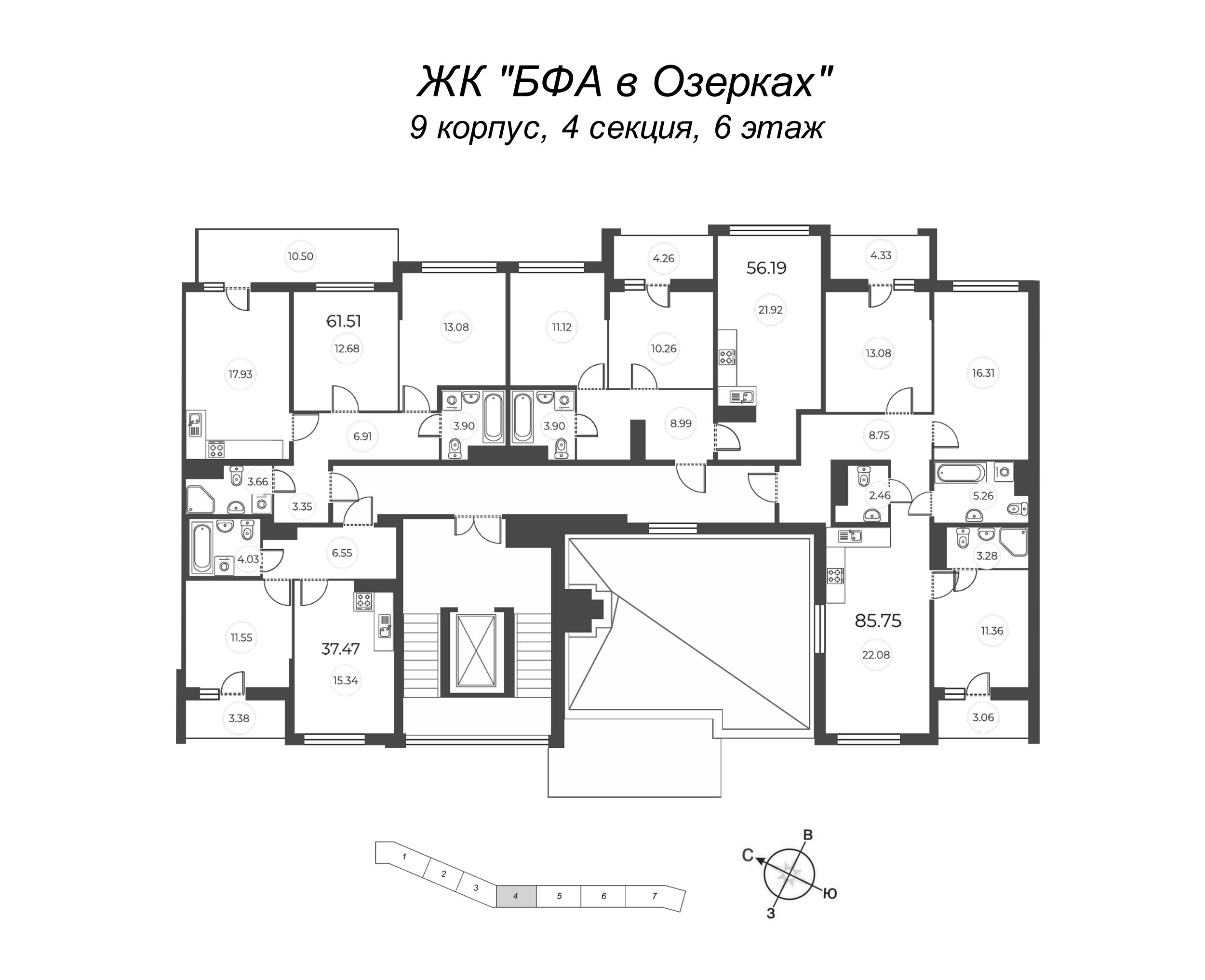 2-комнатная (Евро) квартира, 39.16 м² в ЖК "БФА в Озерках" - планировка этажа