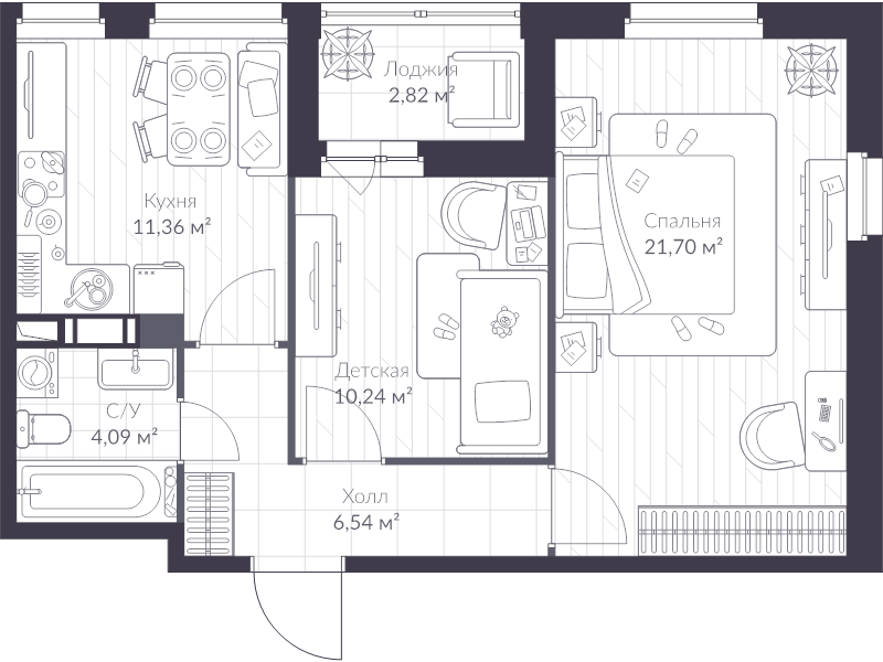 2-комнатная квартира, 55.6 м² - планировка, фото №1
