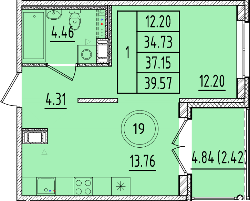 1-комнатная квартира, 34.73 м² в ЖК "Образцовый квартал 17" - планировка, фото №1