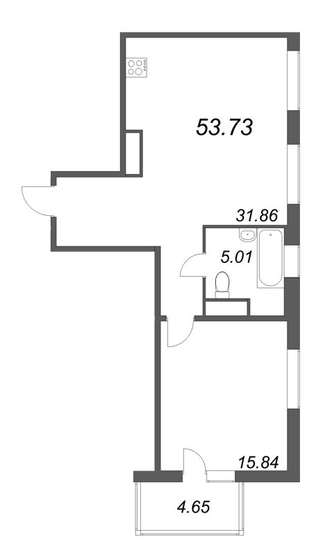 2-комнатная (Евро) квартира, 53.73 м² - планировка, фото №1