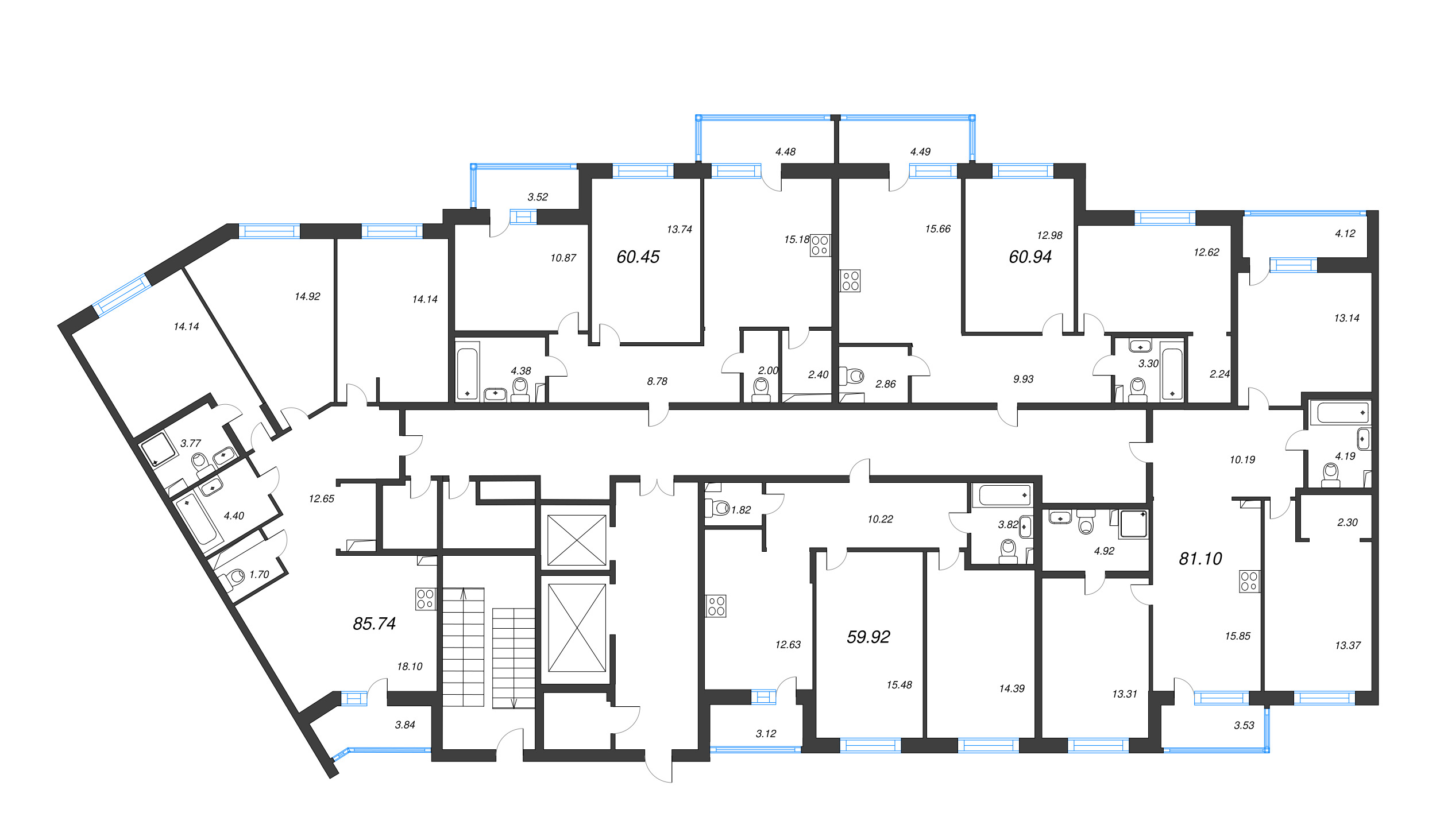3-комнатная (Евро) квартира, 60.45 м² в ЖК "Энфилд" - планировка этажа
