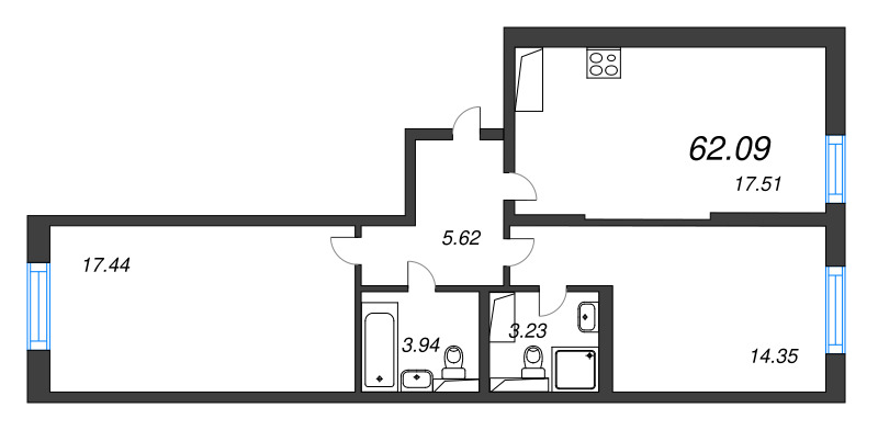 3-комнатная (Евро) квартира, 62.09 м² в ЖК "Цивилизация на неве" - планировка, фото №1