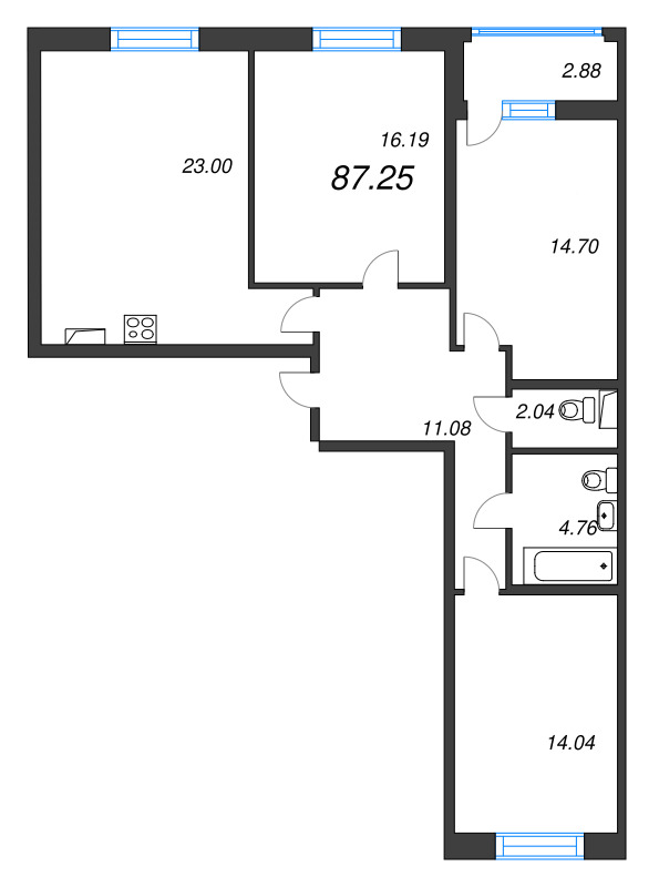 4-комнатная (Евро) квартира, 87.25 м² в ЖК "Аквилон Leaves" - планировка, фото №1