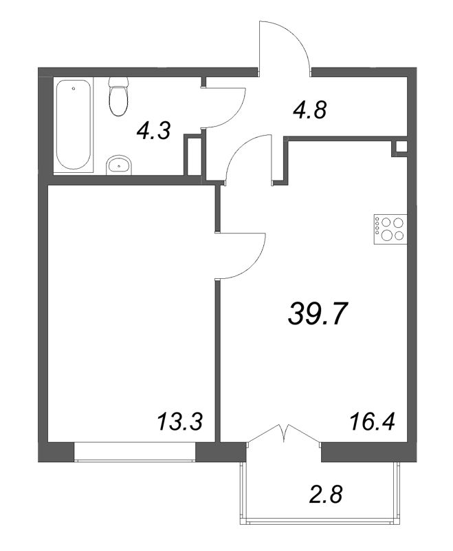 2-комнатная (Евро) квартира, 39.7 м² в ЖК "Кронунг ЮГ" - планировка, фото №1