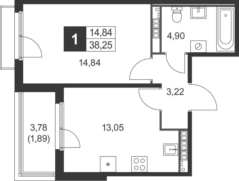 1-комнатная квартира, 38.25 м² в ЖК "Слобода" - планировка, фото №1