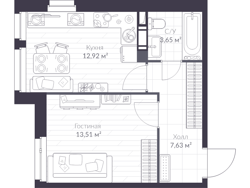 1-комнатная квартира, 37.8 м² в ЖК "VEREN NEXT шуваловский" - планировка, фото №1