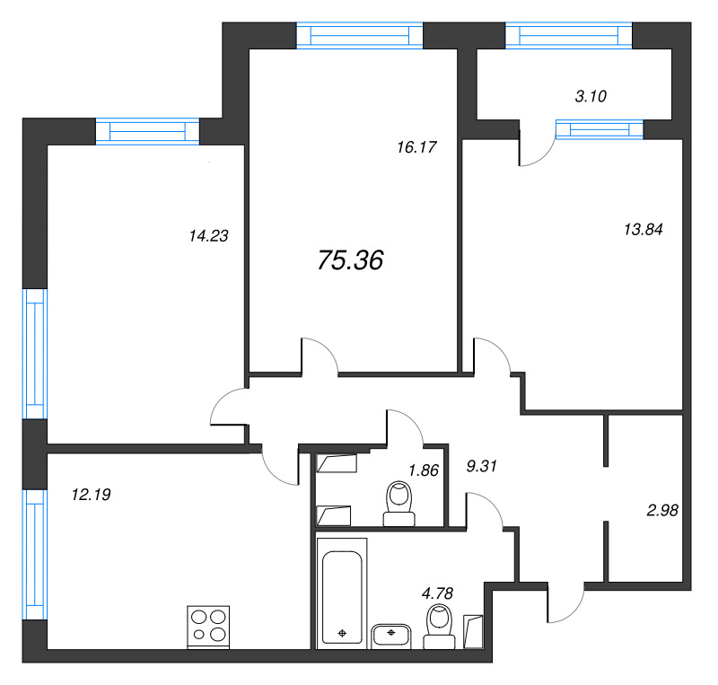 3-комнатная квартира, 75.36 м² в ЖК "Б15" - планировка, фото №1