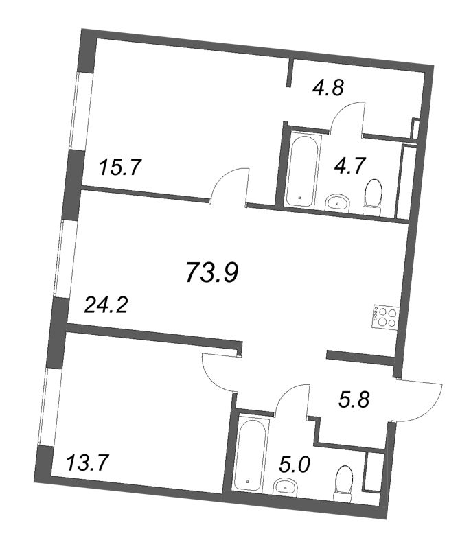 3-комнатная (Евро) квартира, 73.9 м² в ЖК "Визионер" - планировка, фото №1