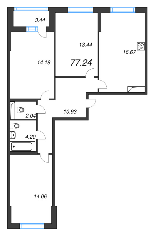4-комнатная (Евро) квартира, 77.24 м² - планировка, фото №1