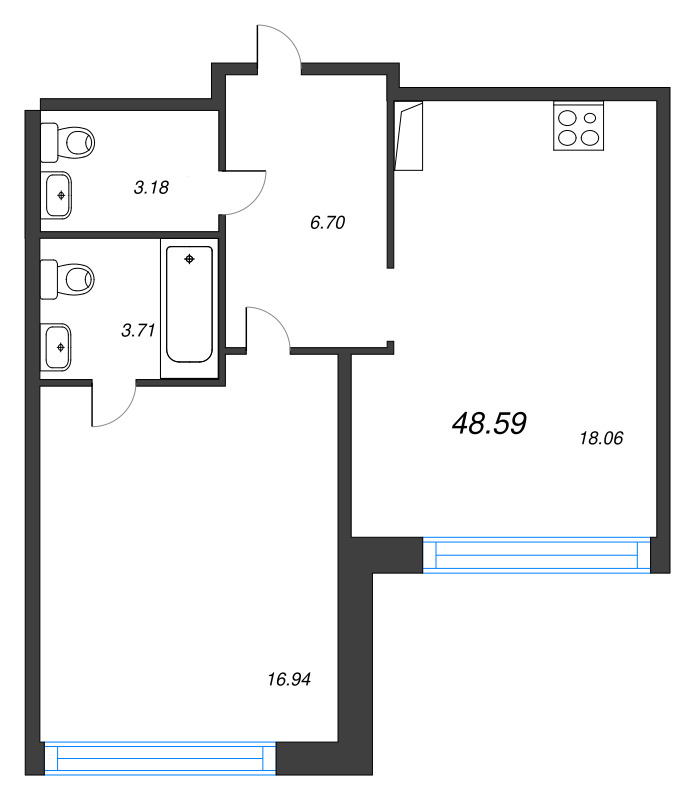 2-комнатная (Евро) квартира, 48.59 м² в ЖК "Avant" - планировка, фото №1