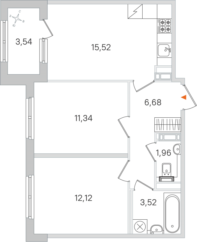 3-комнатная (Евро) квартира, 51.14 м² в ЖК "Дубровский" - планировка, фото №1