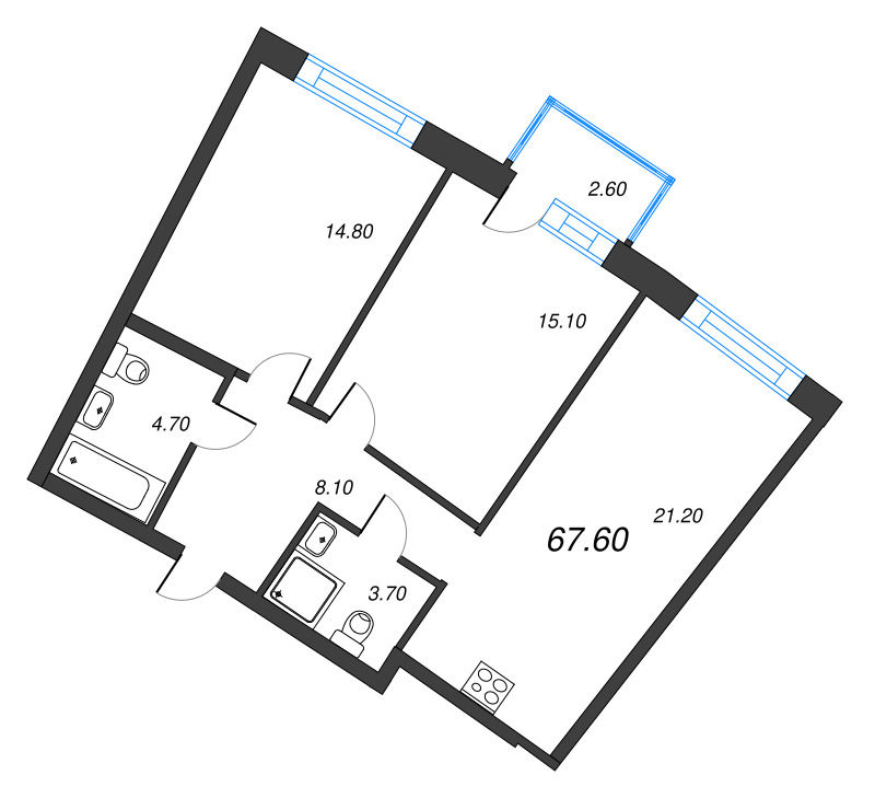 3-комнатная (Евро) квартира, 67.6 м² в ЖК "Цвет Зеленогорска" - планировка, фото №1