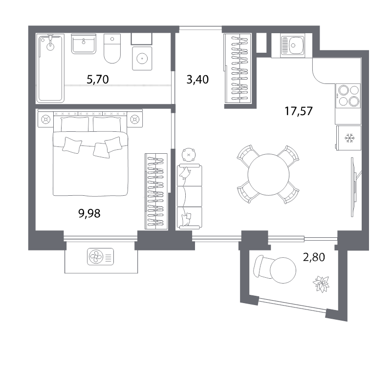 2-комнатная (Евро) квартира, 37.49 м² - планировка, фото №1