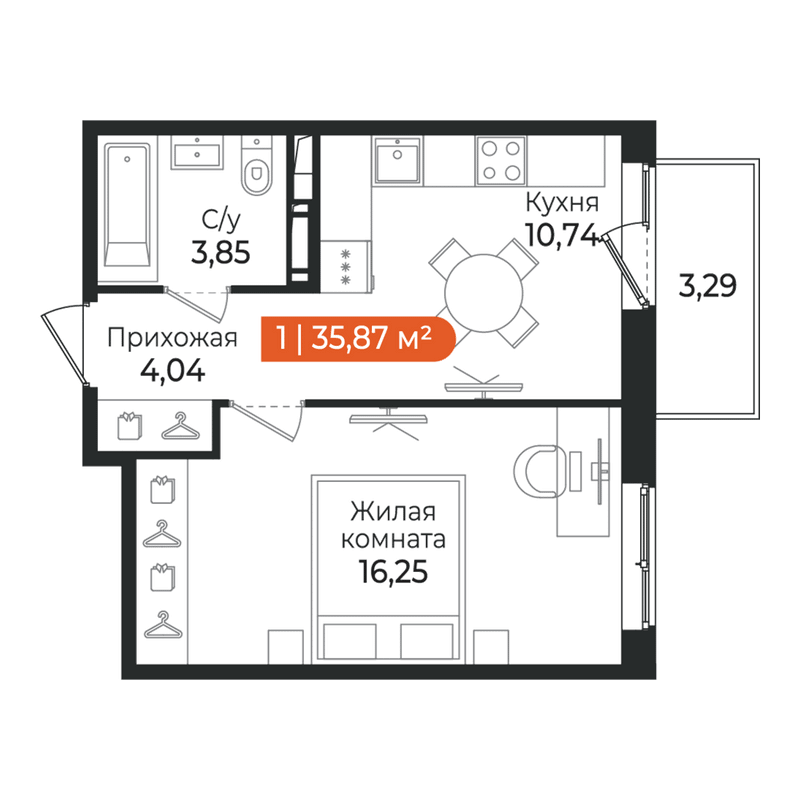 1-комнатная квартира, 35.87 м² в ЖК "Алгоритм Квинта" - планировка, фото №1