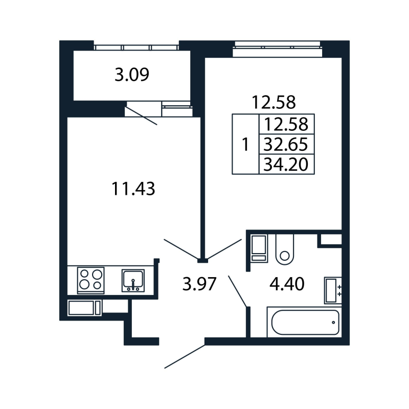 1-комнатная квартира, 32.65 м² - планировка, фото №1