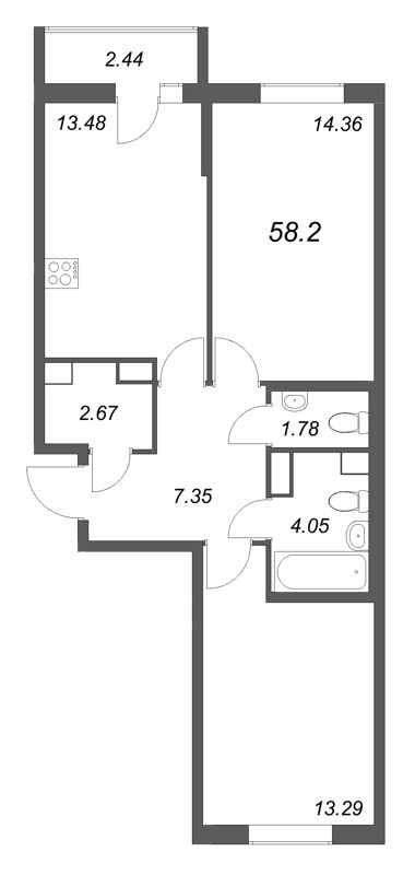 2-комнатная квартира, 58.2 м² в ЖК "Кинопарк" - планировка, фото №1