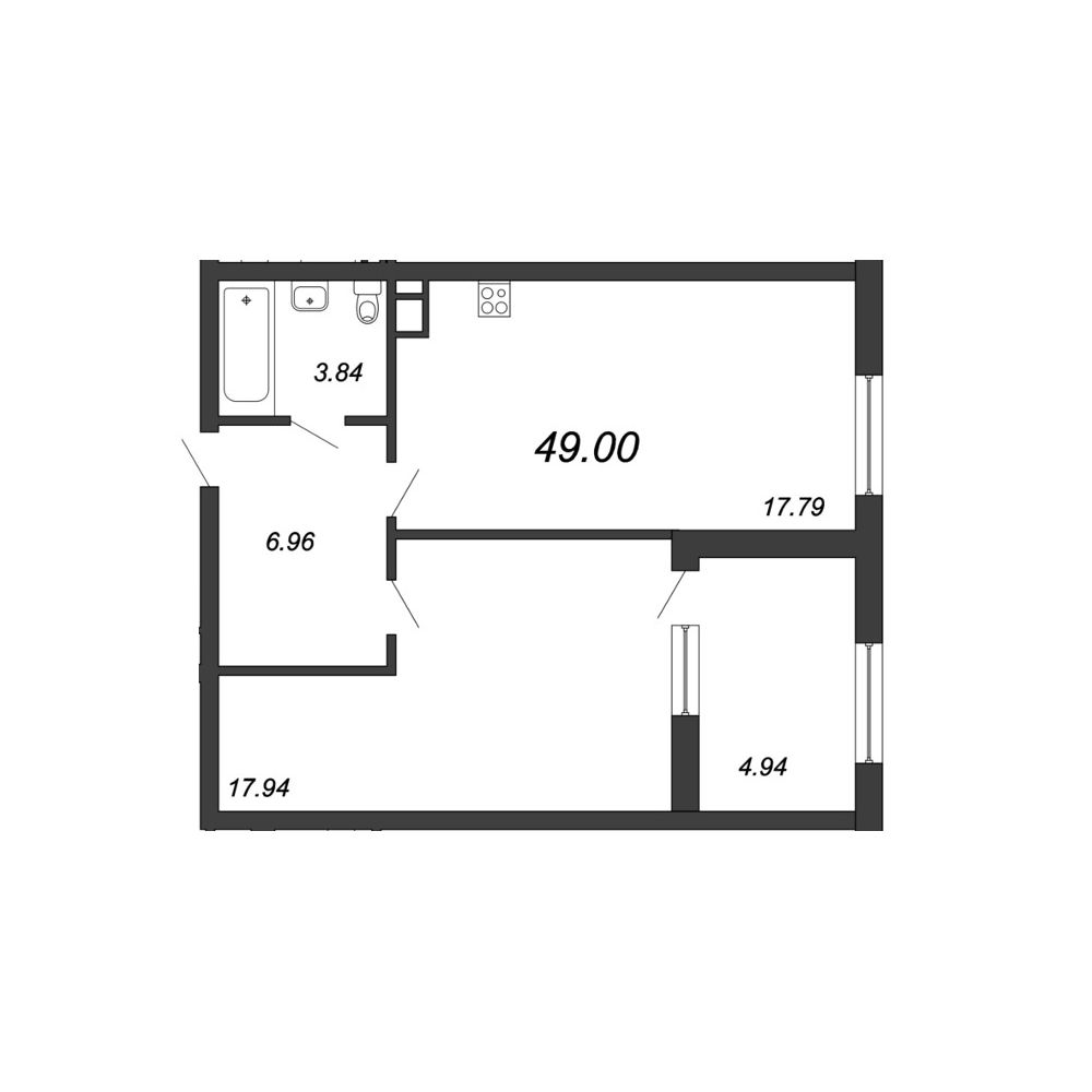 1-комнатная квартира, 49.6 м² - планировка, фото №1