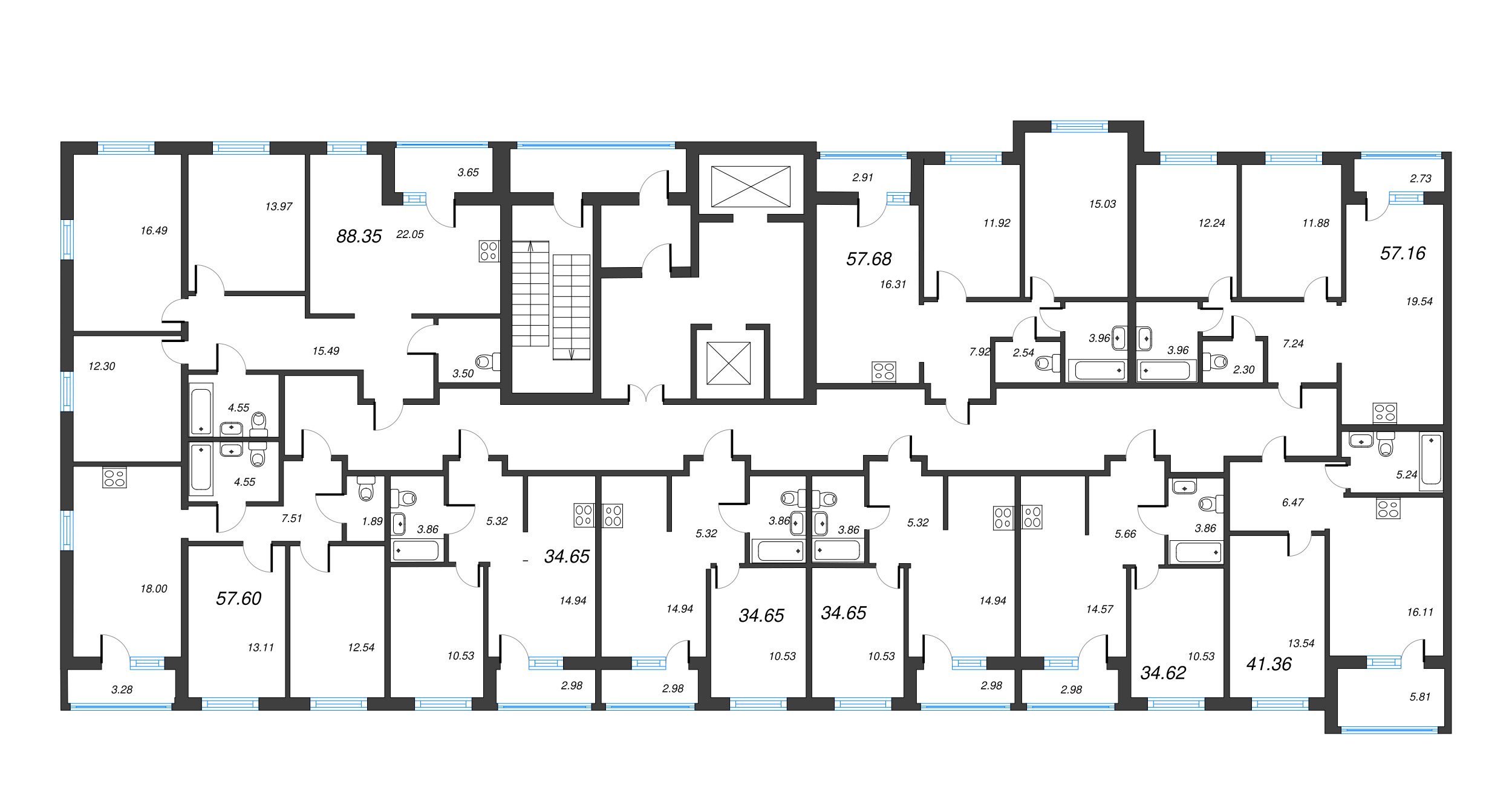 3-комнатная (Евро) квартира, 60.01 м² - планировка этажа