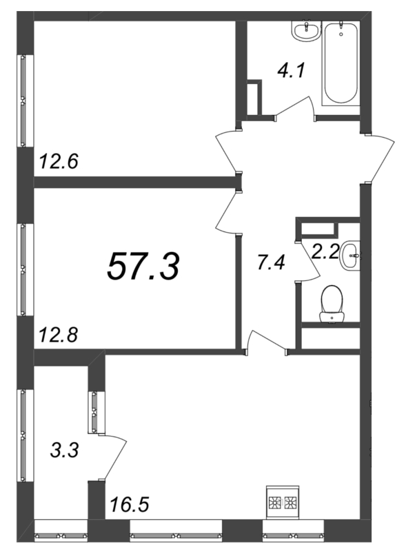 2-комнатная квартира, 57.3 м² - планировка, фото №1