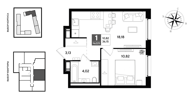 2-комнатная (Евро) квартира, 36.15 м² в ЖК "Догма Юкки 2" - планировка, фото №1