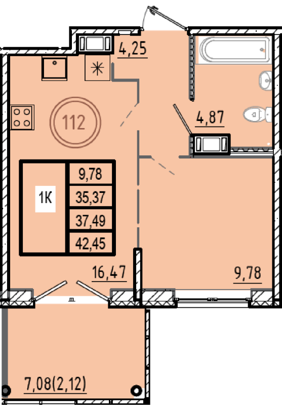 2-комнатная (Евро) квартира, 35.37 м² в ЖК "Образцовый квартал 9.1" - планировка, фото №1