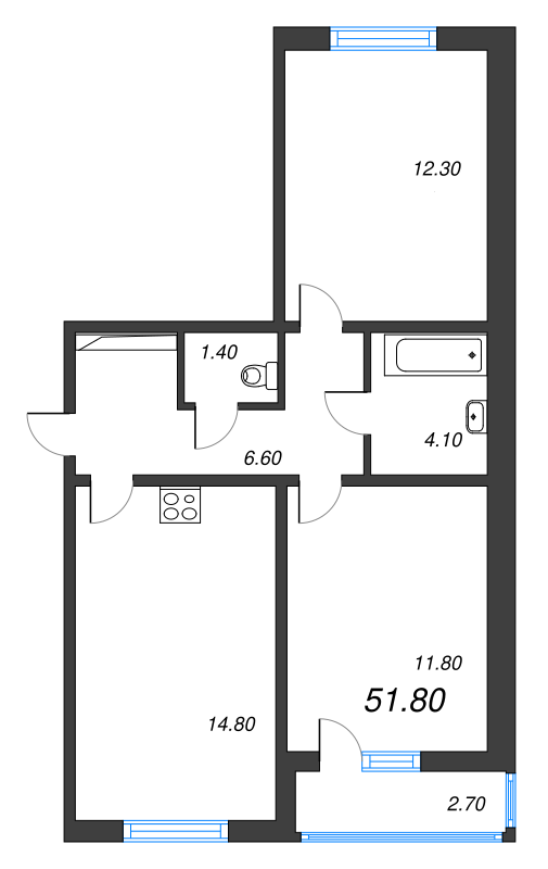 2-комнатная (Евро) квартира, 51.8 м² - планировка, фото №1