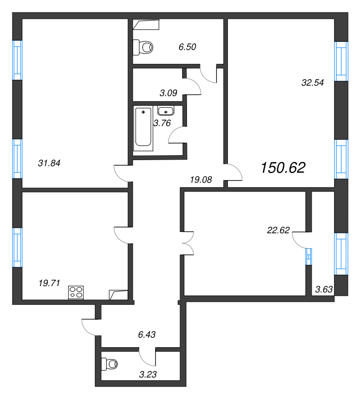 4-комнатная (Евро) квартира, 150.8 м² - планировка, фото №1