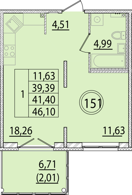2-комнатная (Евро) квартира, 39.39 м² в ЖК "Образцовый квартал 15" - планировка, фото №1