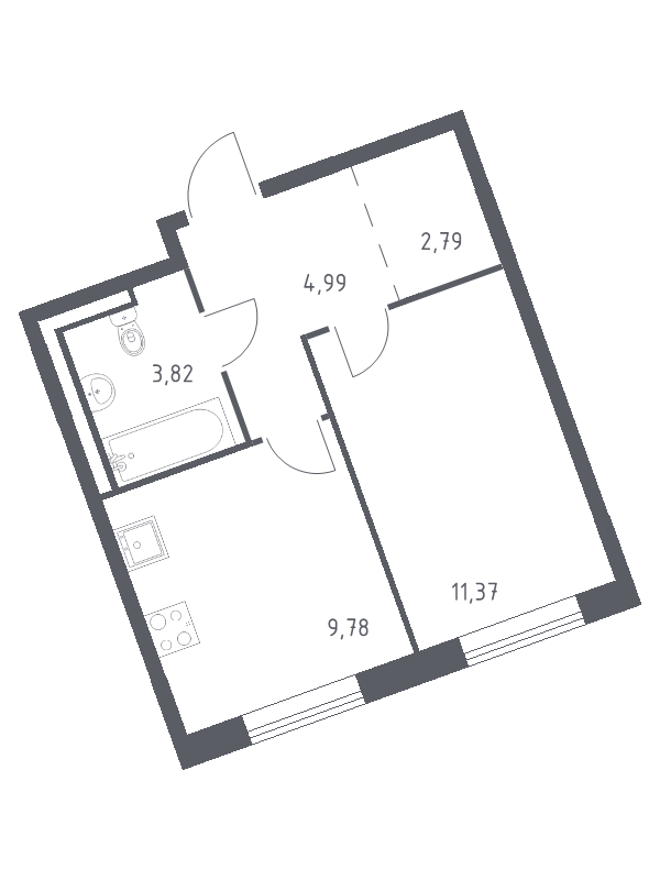 1-комнатная квартира, 32.75 м² - планировка, фото №1