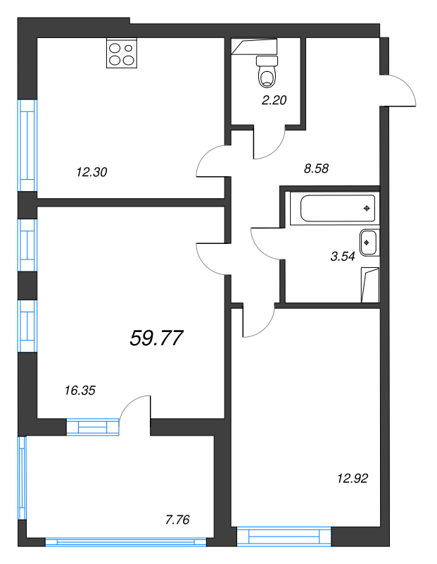 2-комнатная квартира, 59.77 м² - планировка, фото №1