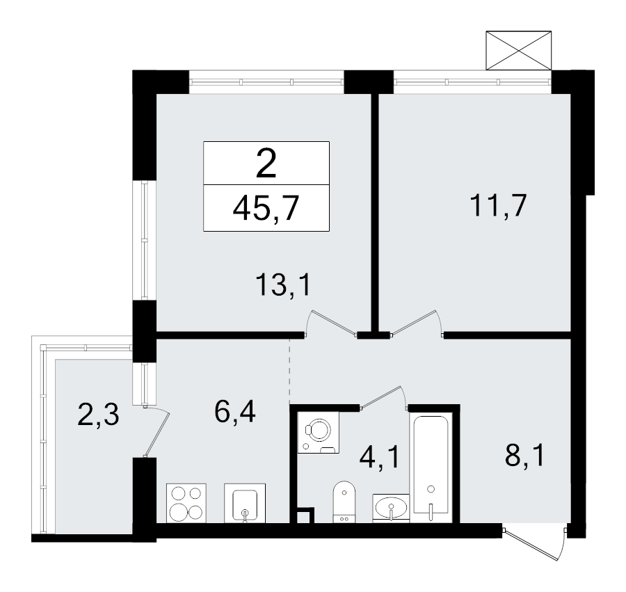 2-комнатная квартира, 45.7 м² - планировка, фото №1