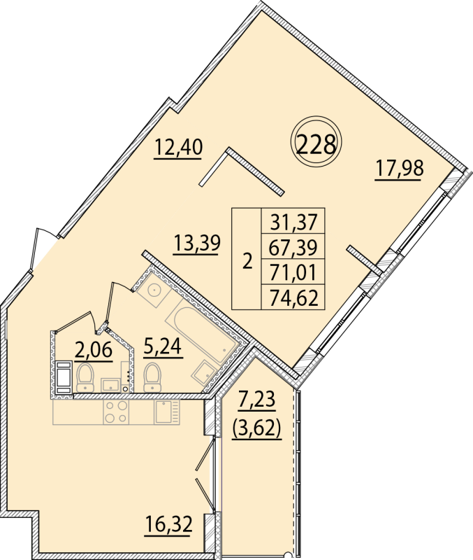 3-комнатная (Евро) квартира, 67.39 м² в ЖК "Образцовый квартал 15" - планировка, фото №1