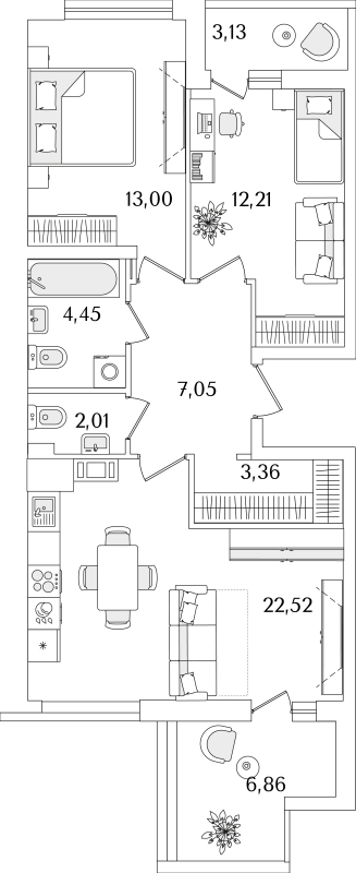 3-комнатная (Евро) квартира, 69.6 м² - планировка, фото №1