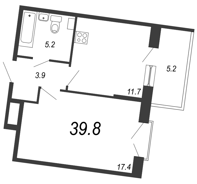 1-комнатная квартира, 39.7 м² в ЖК "Квартал Che" - планировка, фото №1